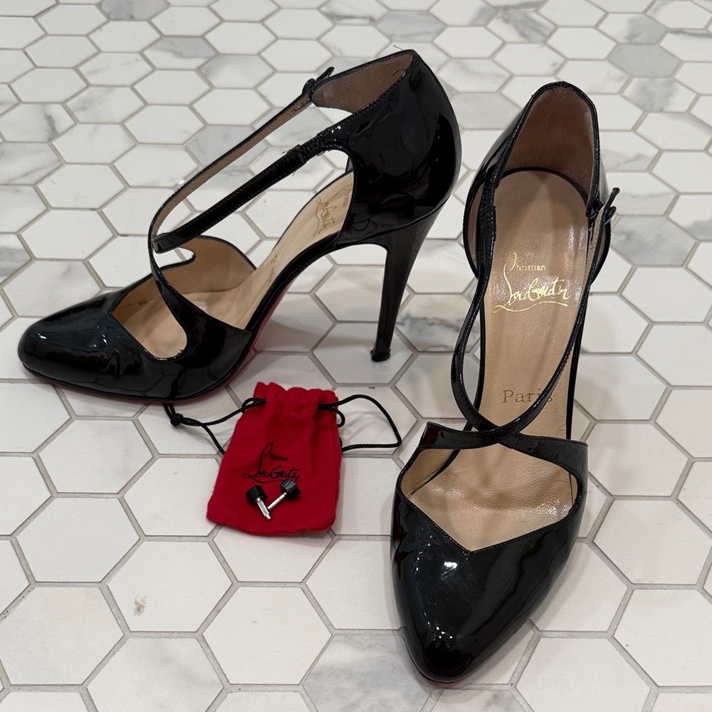 Christian Louboutin Black Patent Leather T-Strap Heels